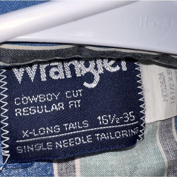Wrangler Western Shirt Size 16.5 x 35 Blue Striped Aztec Pearl Snap Cowboy Cut - Picture 12 of 13